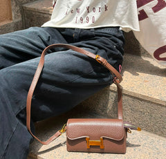 Elegant Brown Textured Shoulder Bag with Gold Lock