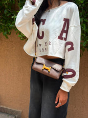 Elegant Brown Textured Shoulder Bag with Gold Lock