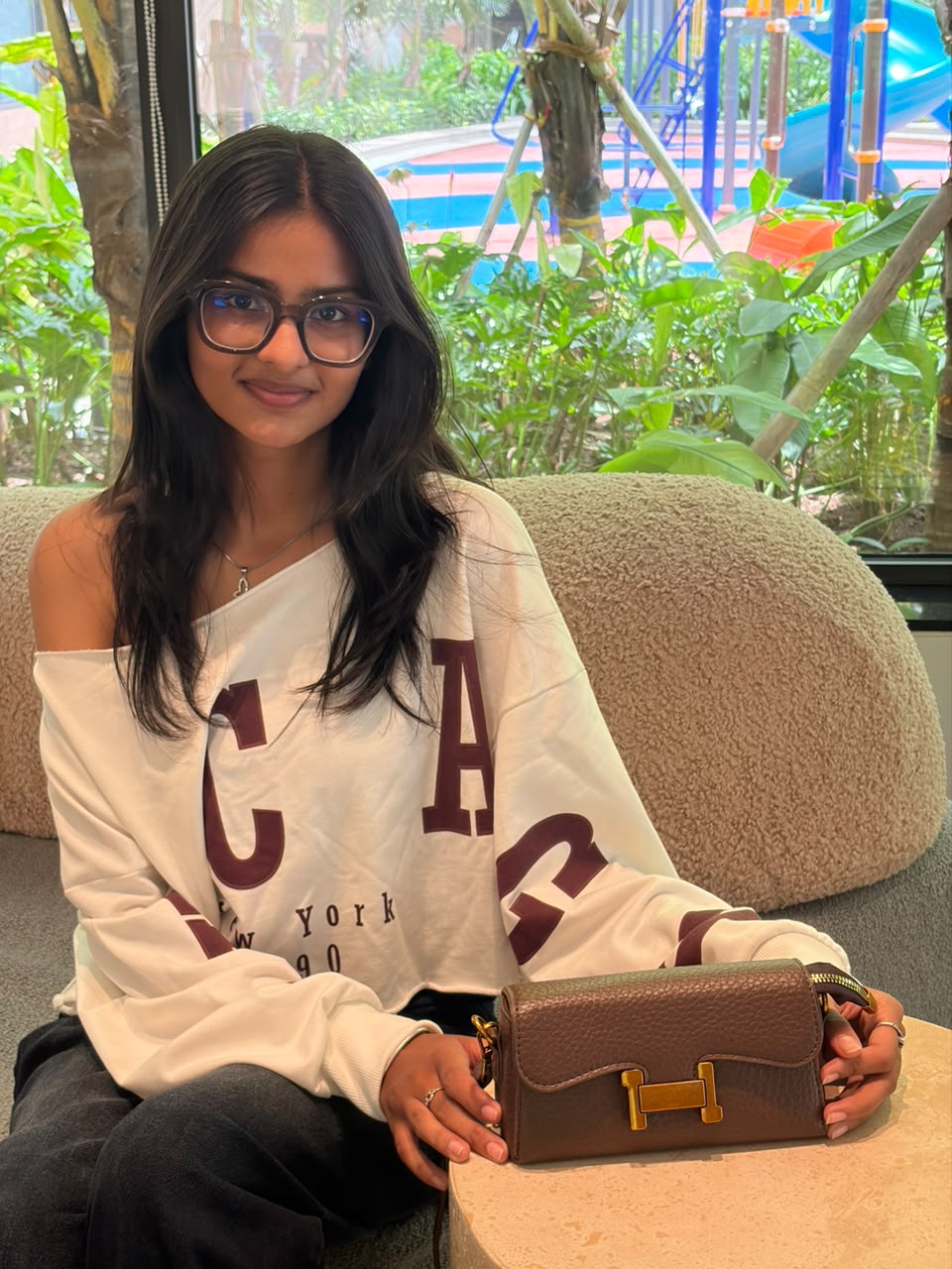 Elegant Brown Textured Shoulder Bag with Gold Lock