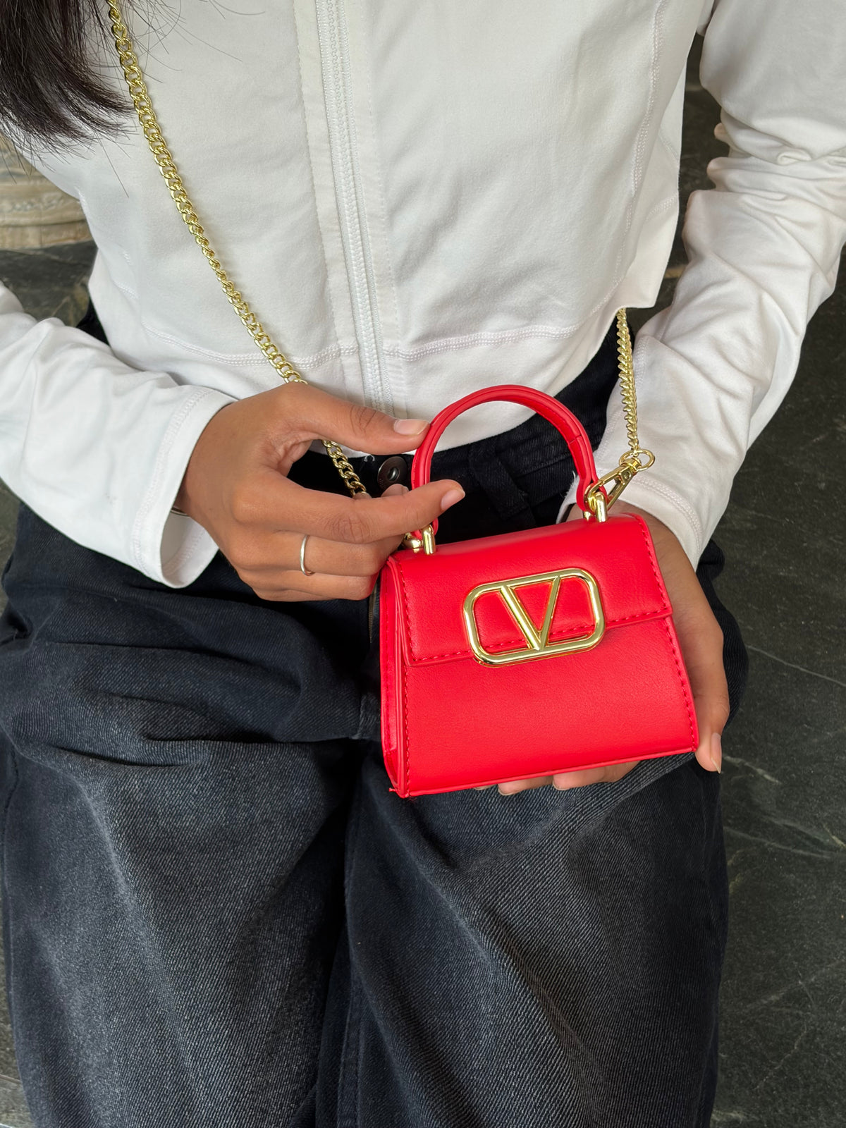 Red Structured Mini Handbag with Gold Chain