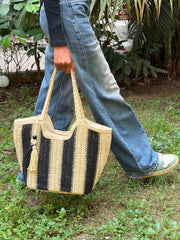 Black & Cream Striped Handwoven Tote Bag