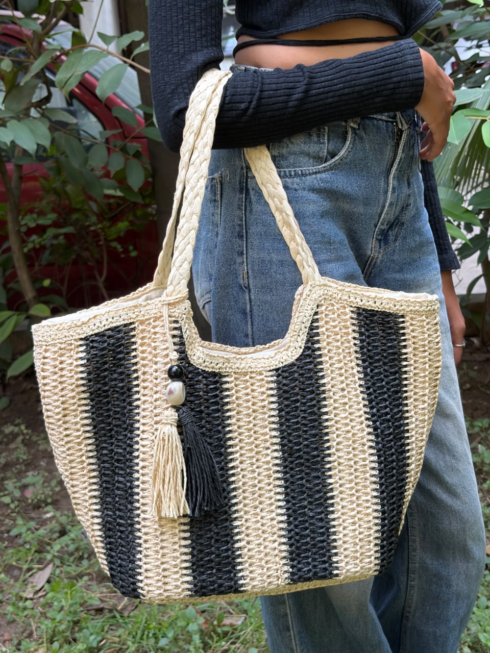 Black & Cream Striped Handwoven Tote Bag