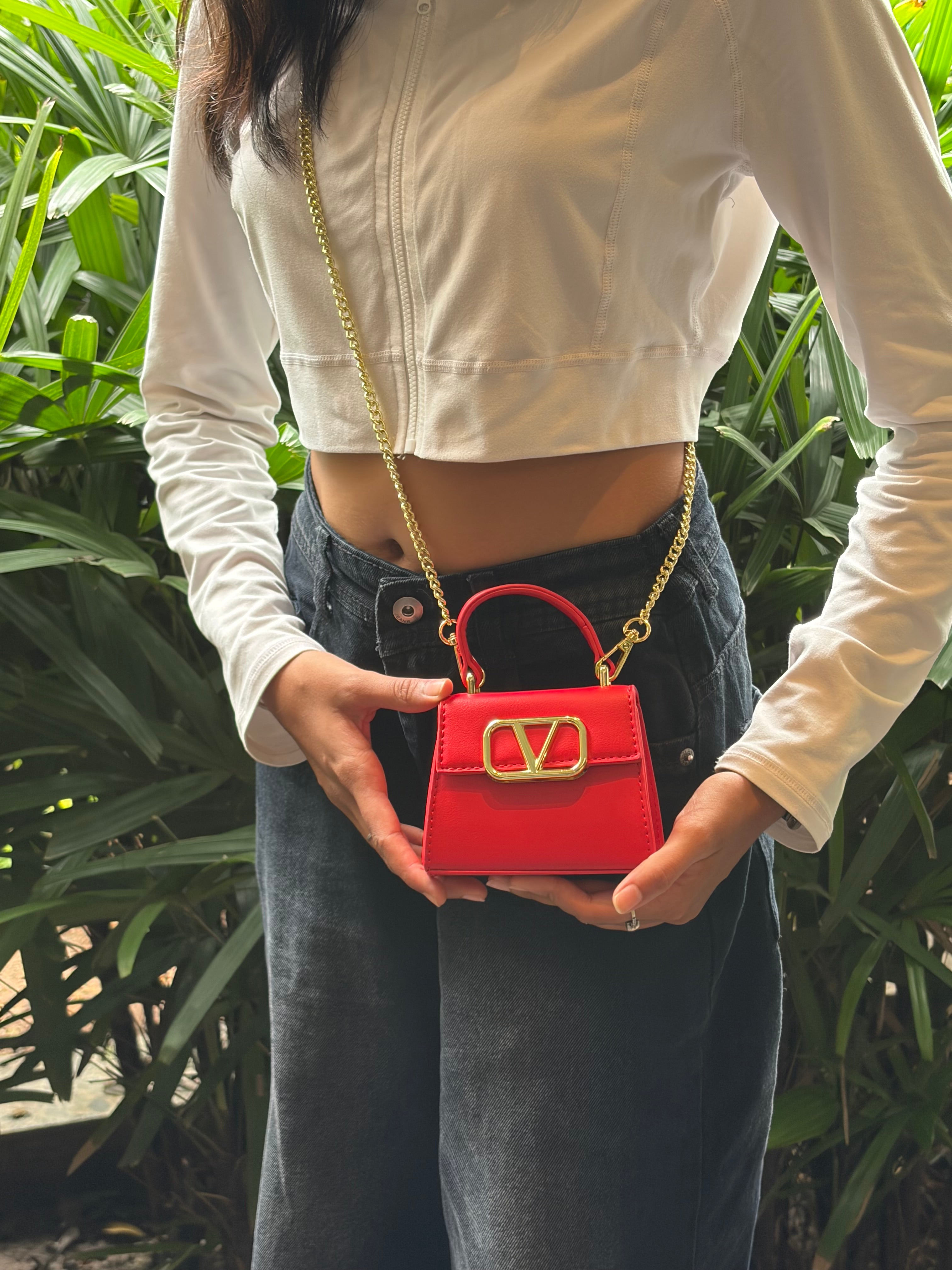 Red Structured Mini Handbag with Gold Chain