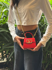Red Structured Mini Handbag with Gold Chain