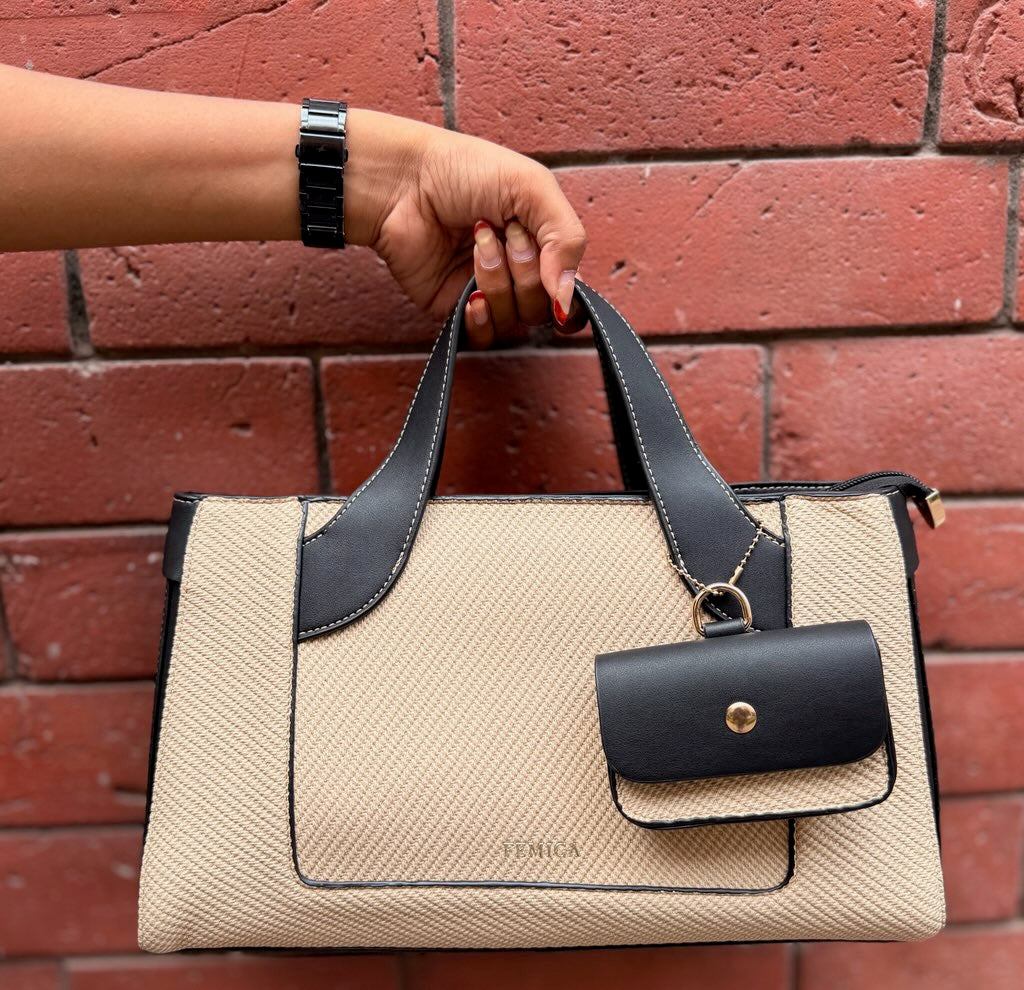 Classic Textured Tote Bag with Mini Pouch