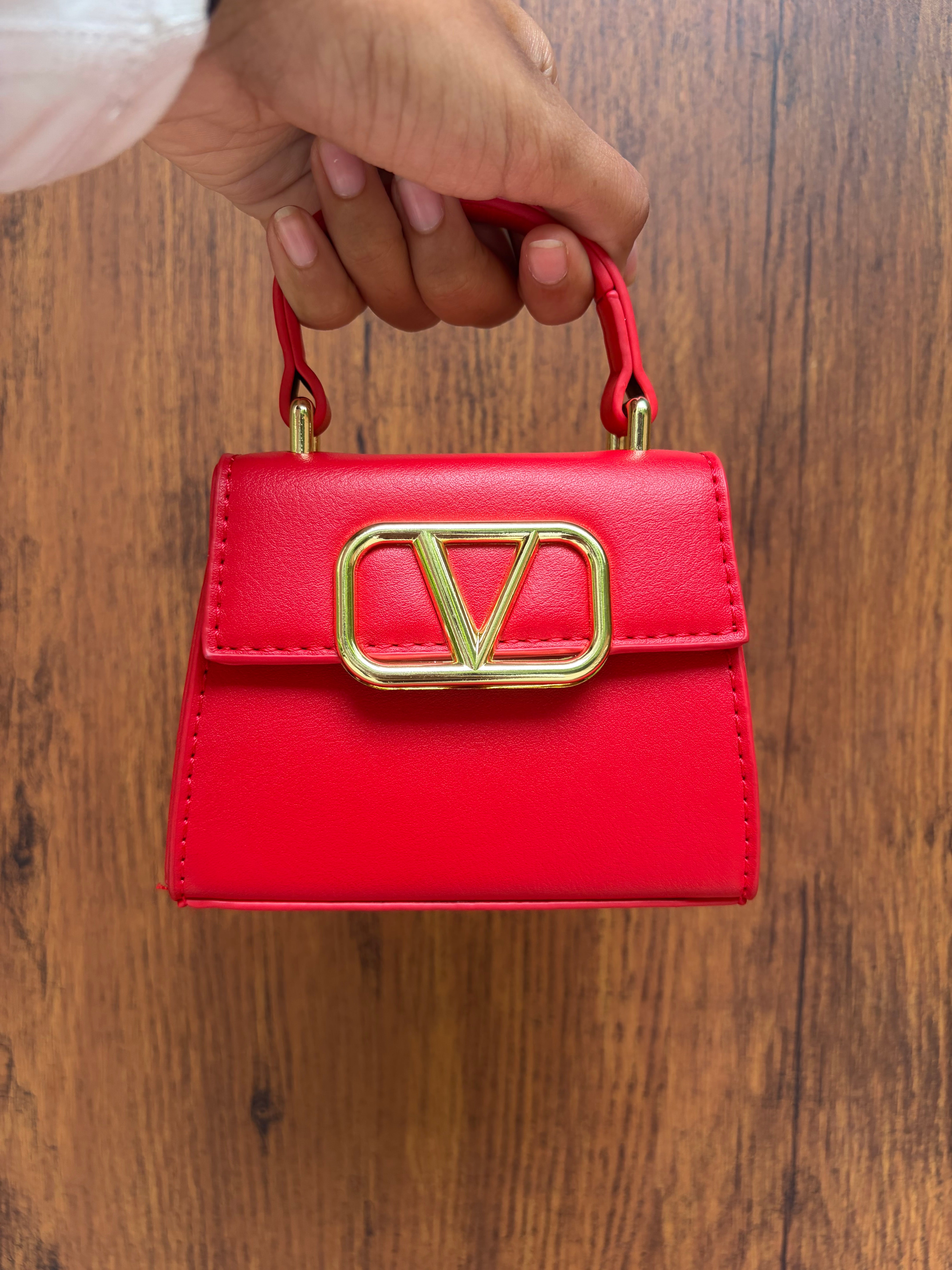 Red Structured Mini Handbag with Gold Chain