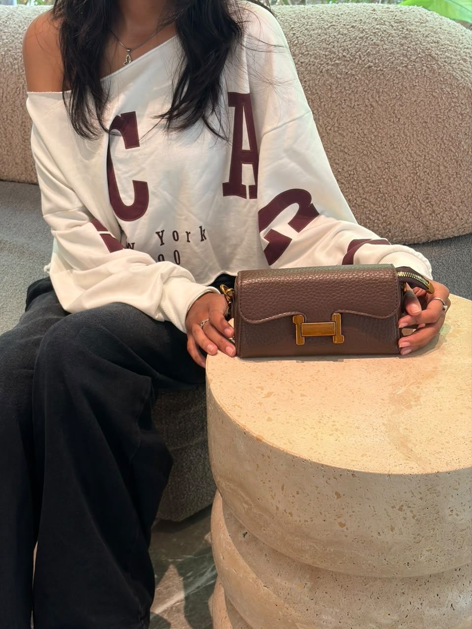 Elegant Brown Textured Shoulder Bag with Gold Lock