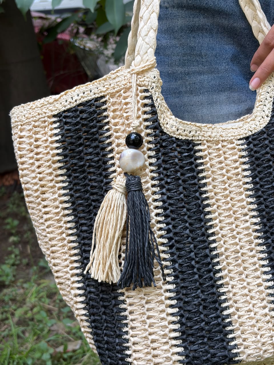Black & Cream Striped Handwoven Tote Bag