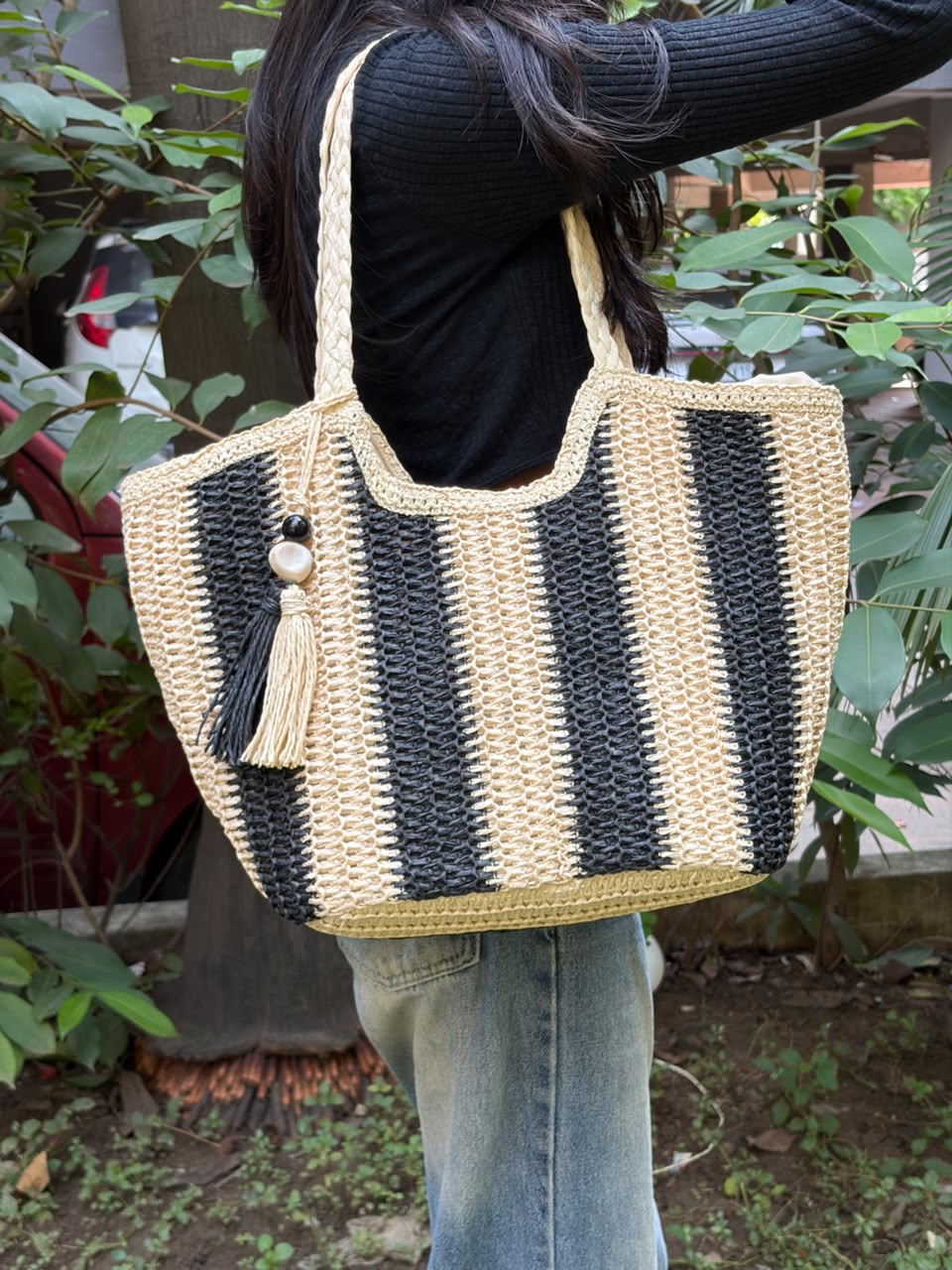 Black & Cream Striped Handwoven Tote Bag