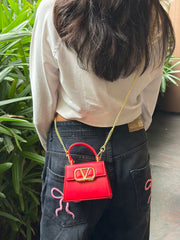 Red Structured Mini Handbag with Gold Chain