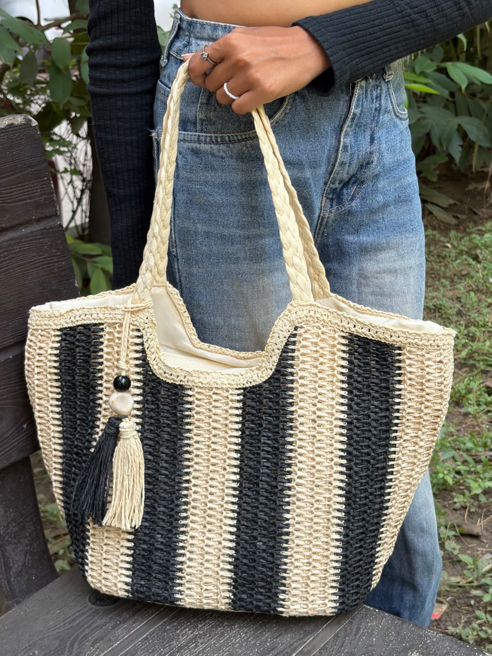 Black & Cream Striped Handwoven Tote Bag