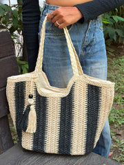 Black & Cream Striped Handwoven Tote Bag