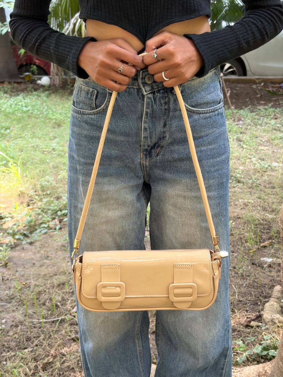 Beige Patent Shoulder Bag